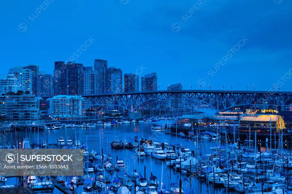 Canada, British Columbia, Vancouver, Granville Island, elevated view, dusk