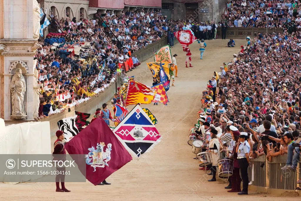 europe, italy, tuscany, siena, palio of siena, flags of the contrade of siena