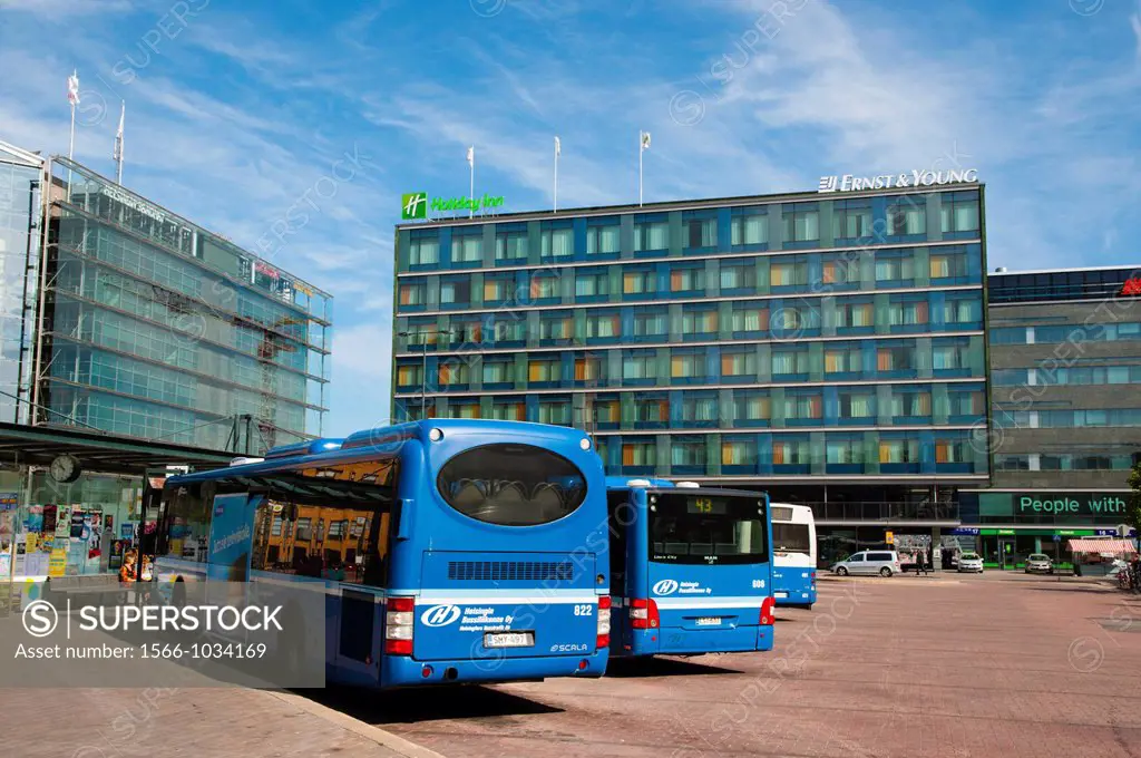 Buses heading to outskirts of Helsinki Espoo and Vantaa at Elielinaukio the Eliel square central Helsinki Finland Europe