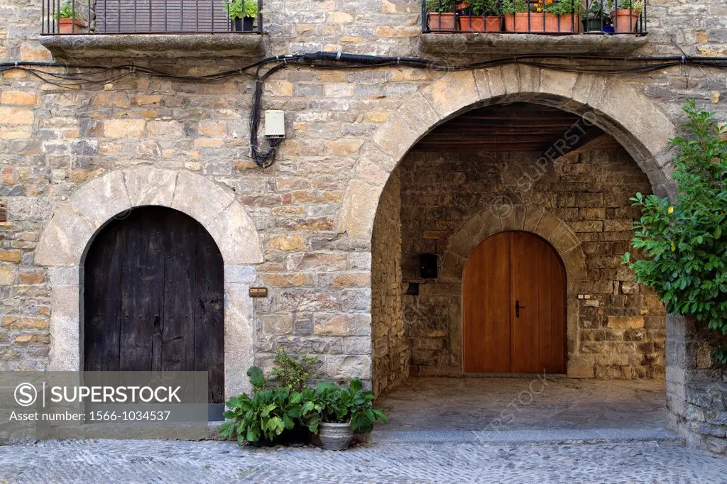 Detail of several doors in Aínsa, a medieval village in Sobrarbe region, Huesca, Aragón, Spain