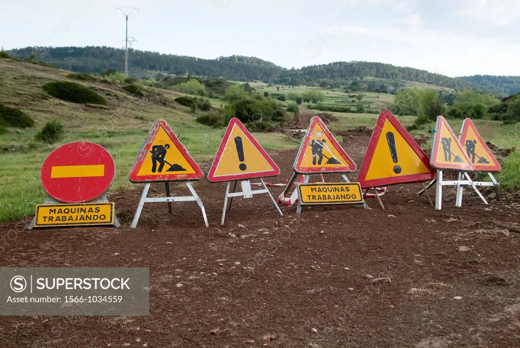 Traffic signs on a forest path, Orea, Sierra de Albarracin, Guadalajara, Spain, Europe