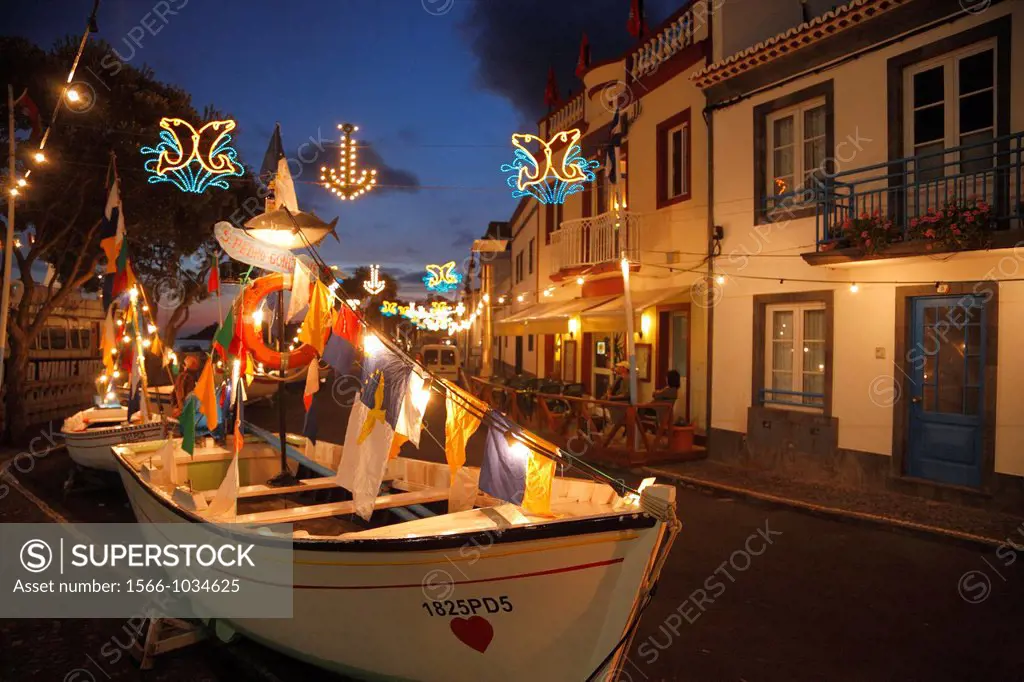 Decorated fishing boats during fishermen´s fest Festa do Irró  Vila Franca do Campo, Azores islands, Portugal