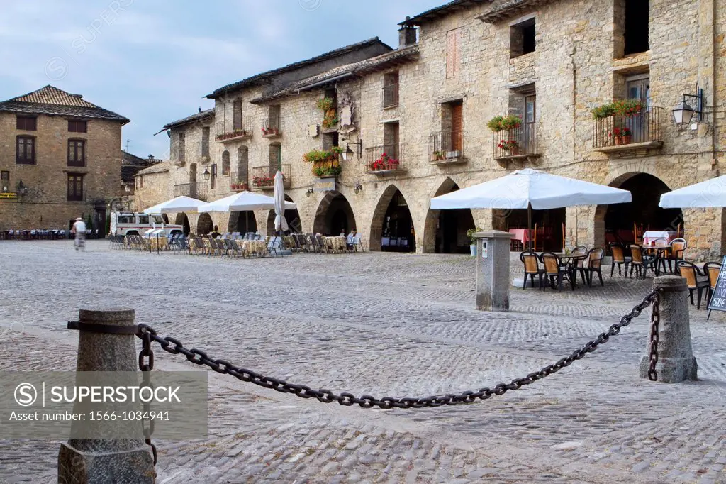 Main square of Aínsa, a medieval village in Sobrarbe region, declarated Historical-Artistic Site  Huesca, Aragón, Spain