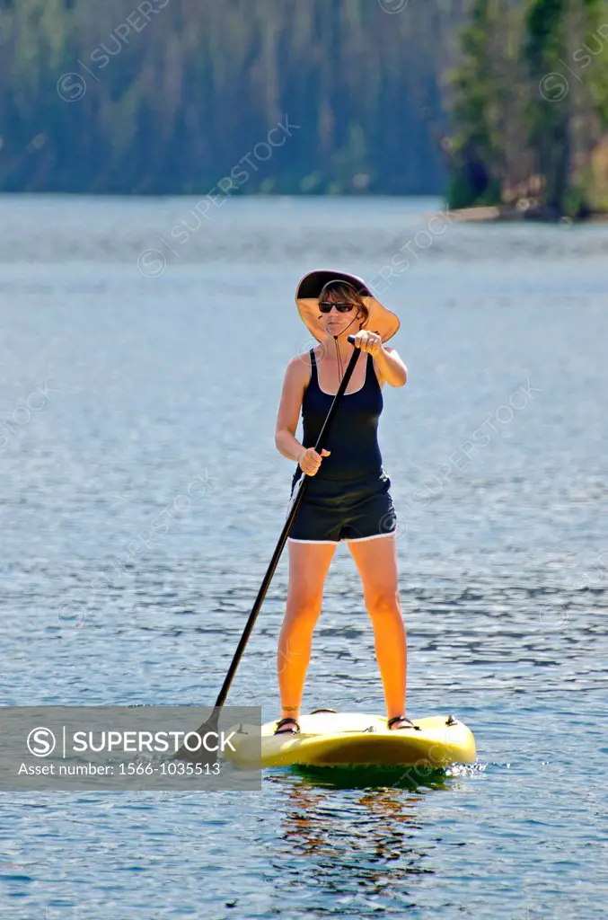 touring on the Stand Up Paddle Board at Redfish Lake in the Sawtooth Mountains near the town of Stanely in central Idaho