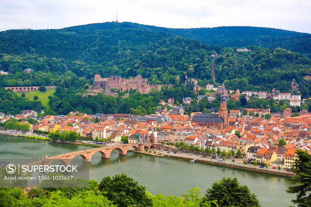 Germany, Heidelberg City, Karl-Theodor Bridge , Heidelburg Castle