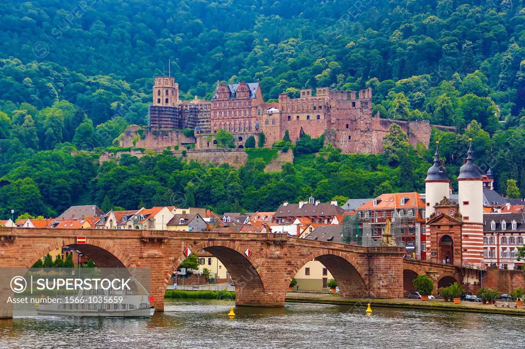 Germany, Heidelberg City, Karl-Theodor Bridge , Heidelburg Castle