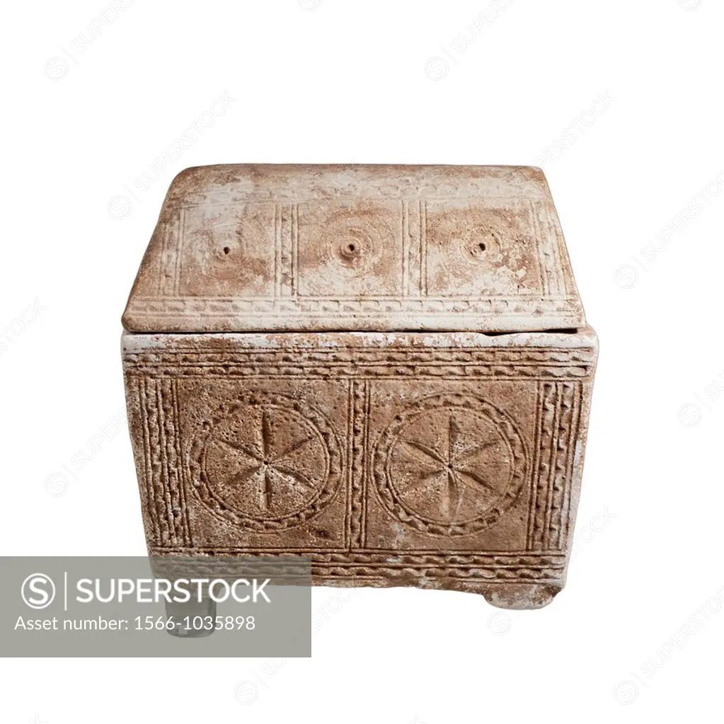 Jewish limestone Ossuary with vaulted lid decorated with Rosettes, concentric circles and arches 1st century CE