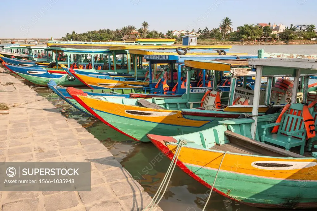 Tourist boats moored at quayside, Bach Dang, Hoi An, Quang Nam province, Vietnam