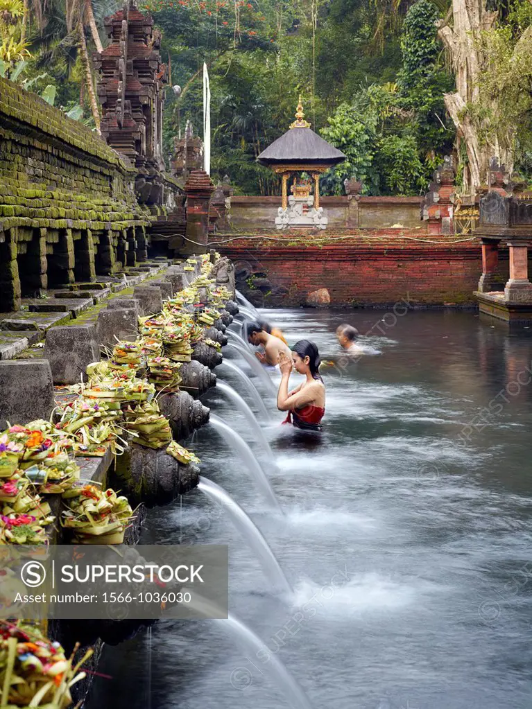Balinese bath in the sacred waters of Tirta Empul  An ancient natural water spring feeds the baths  This area is believed to be the ancient center of ...