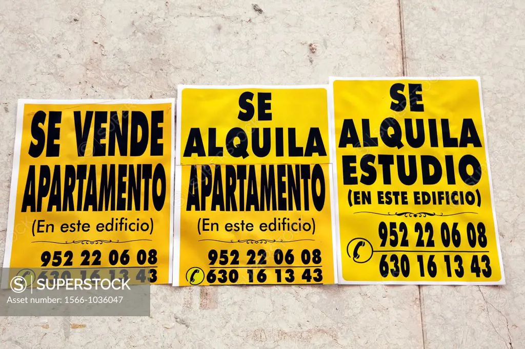 Posters real estate sales and rentals of apartments and studio in Malaga, Andalucia, Spain, Europe