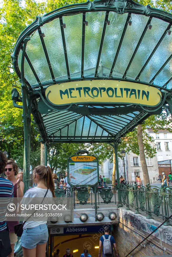 Paris, France, People in Abesses Metro Entrance, Montmartre Area, The canopy at Abbesses station is apparently one of only three surviving Art Nouveau...