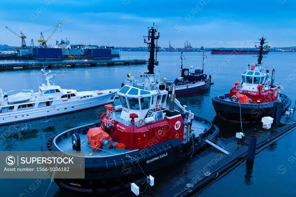 Canada, British Columbia, North Vancouver, Port of Vancouver, tugboats, dusk