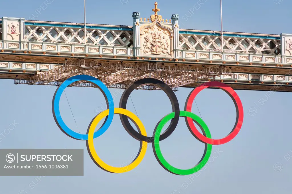 The Olympic rings, celebrating the 2012 Olympic Games, suspended from Tower Bridge, London, England