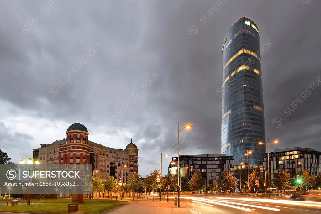 Iberdrola tower in the Euskadi Square at sunset, Bilbao, Basque Country, Biscay