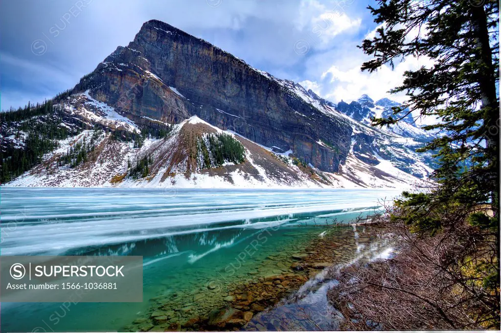 Lake Louise, Alberta, Canada, in the spring time Ice on lake melting