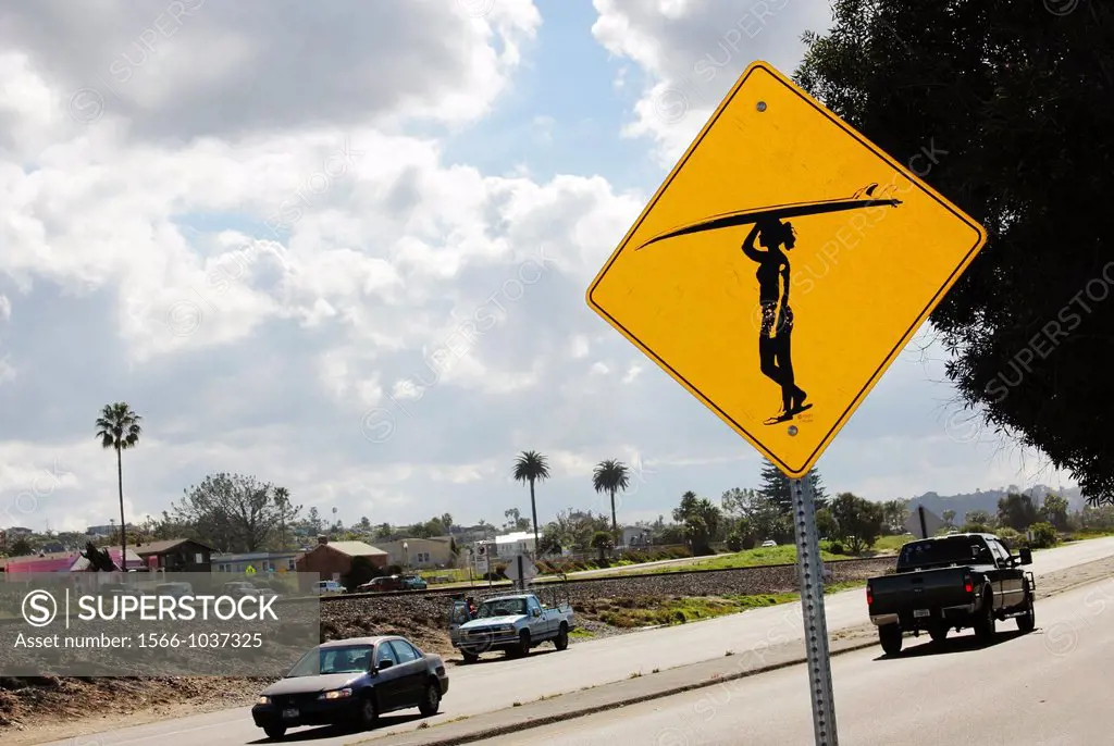 Traffic sign indicating surfers ahead, Pacific Coast Highway, Encinitas, California