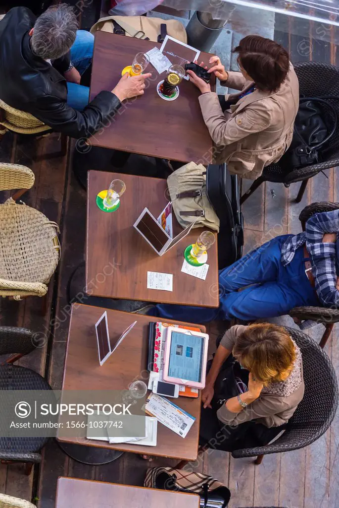 Paris, France, Aerial view, Women in French Café, Working on Tablet, Ipad, on Table, Traveling in Train Station, Gare de Lyon,