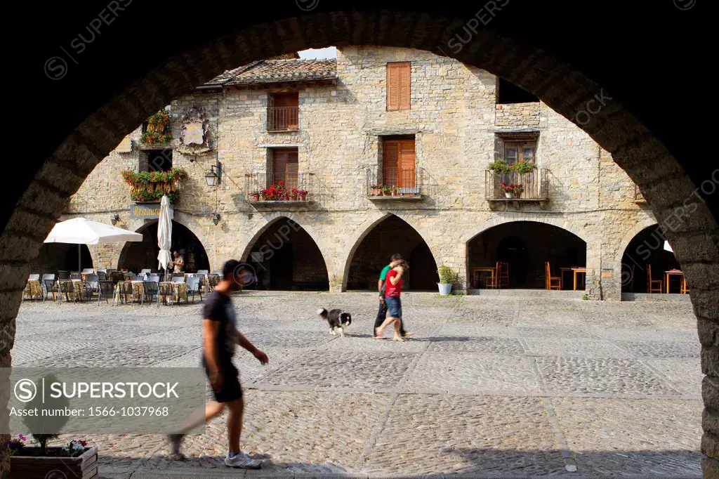 Main square of Aínsa, a medieval village in Sobrarbe region, declarated Historical-Artistic Site  Huesca, Aragón, Spain