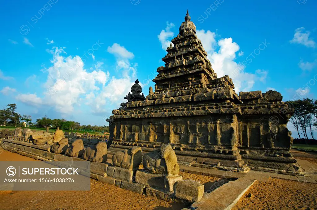Shore temple dedicated to gods Vishnu and Shiva built c  700 - 728 , Mahabalipuram Mamallapuram , District Chengalpattu , Tamil Nadu , India.