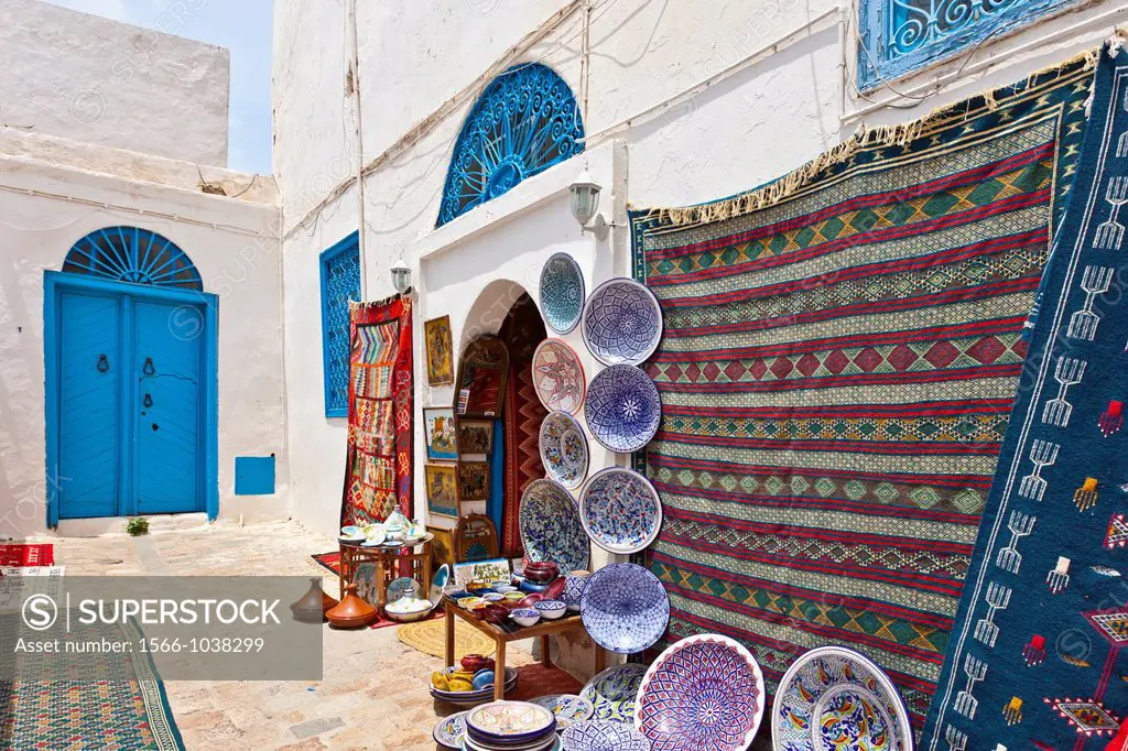 A street market and shop in Sidi Bou Said, Tunisia.