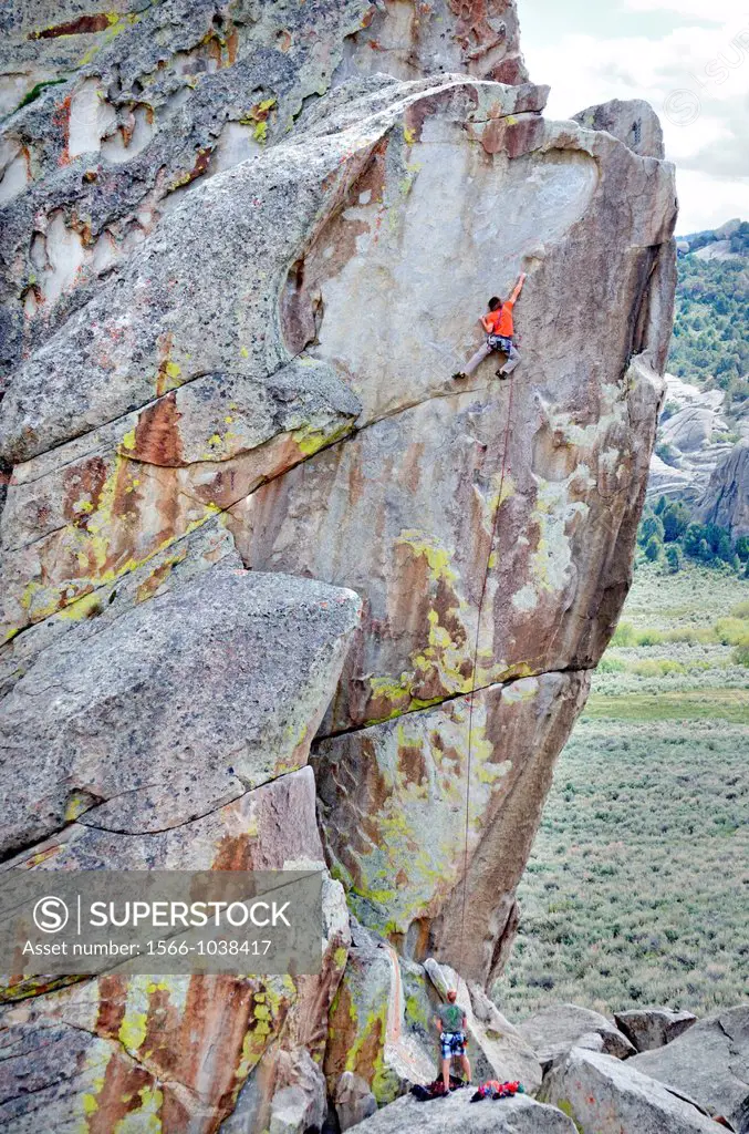 Rock climbing a route called Techno Weenie which is rated 5,11 and located on the Building Blocks at The City Of Rocks National Reserve near the town ...