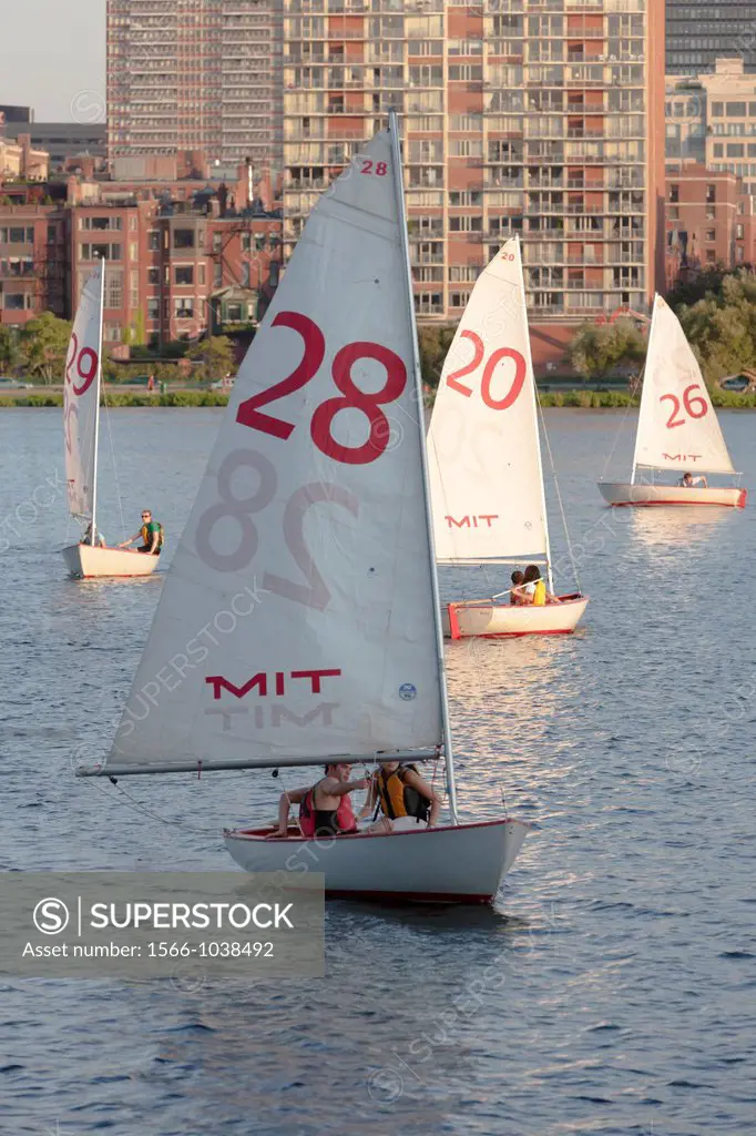 Sailboats from the MIT sailing pavilion on the Charles River in Boston, Massachusetts