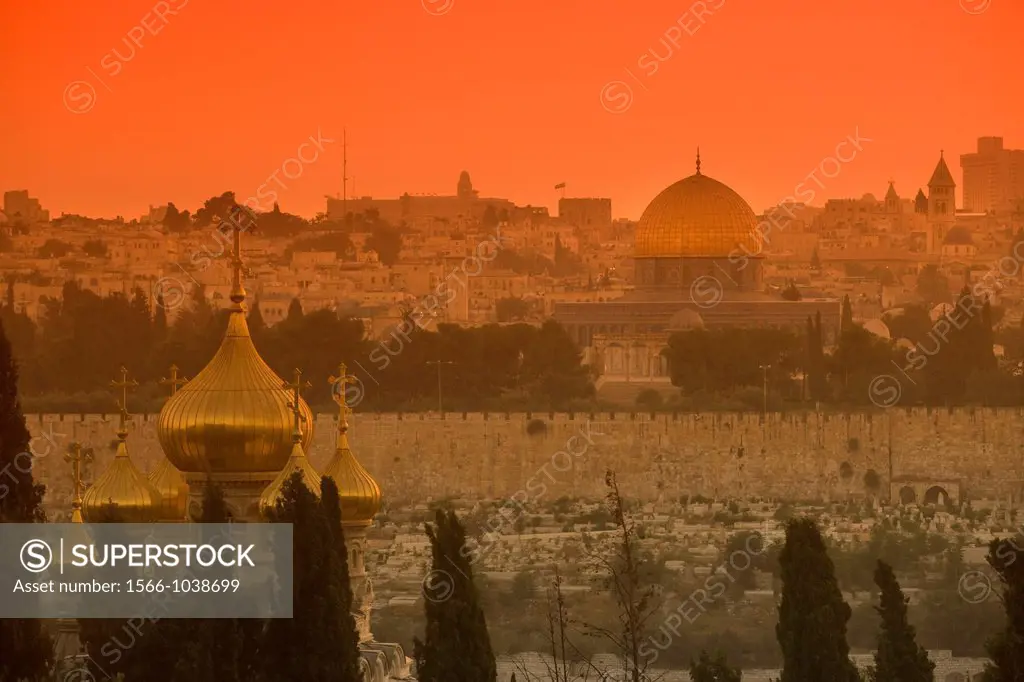 Russian Orthodox Church Domes And Dome Of The Rock Temple Mount Old City Jerusalem Israel