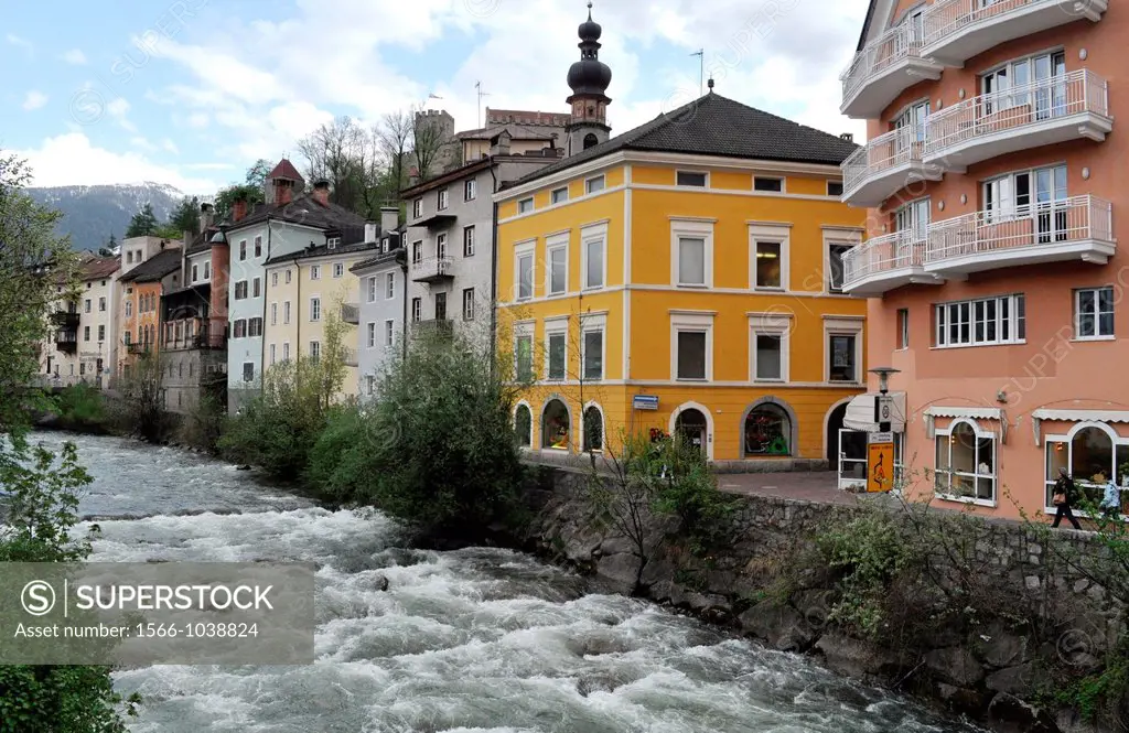 Brunico, Alto Adige, Italy: houses by the Rienza River  