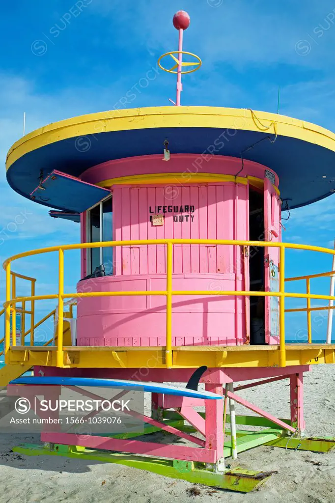 Lifeguard stand in South Beach, Art deco district, Miami beach, Florida, USA.