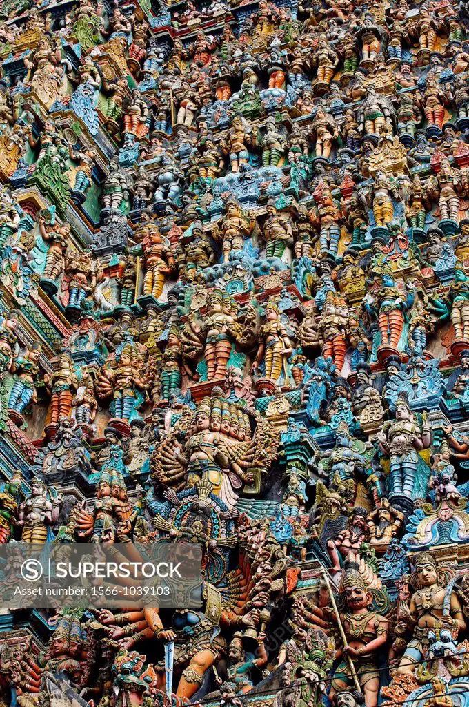 The West Gopuram entrance gateway to the temple enclosure Sri Meenakshi Amman Temple Madurai Tamil Nadu India.