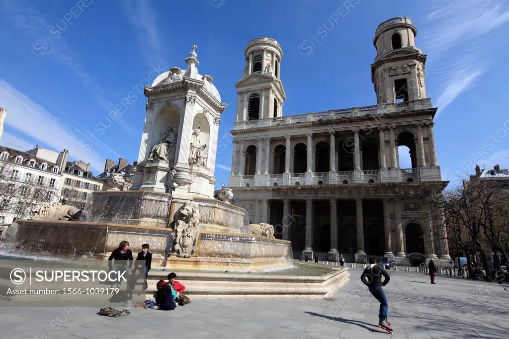 The Fountain of the four Bishops in Place Saint-Sulpice with Saint-Sulpice church in the background  Paris  France.