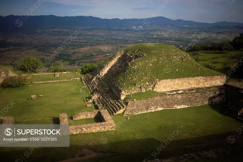 View of the Valley of Oaxaca and a building of the Zapotec city of Monte Alban, Oaxaca, Mexico