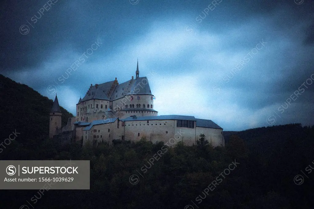 A mysterious view of the castle of Vianden, Luxemburg, Europe