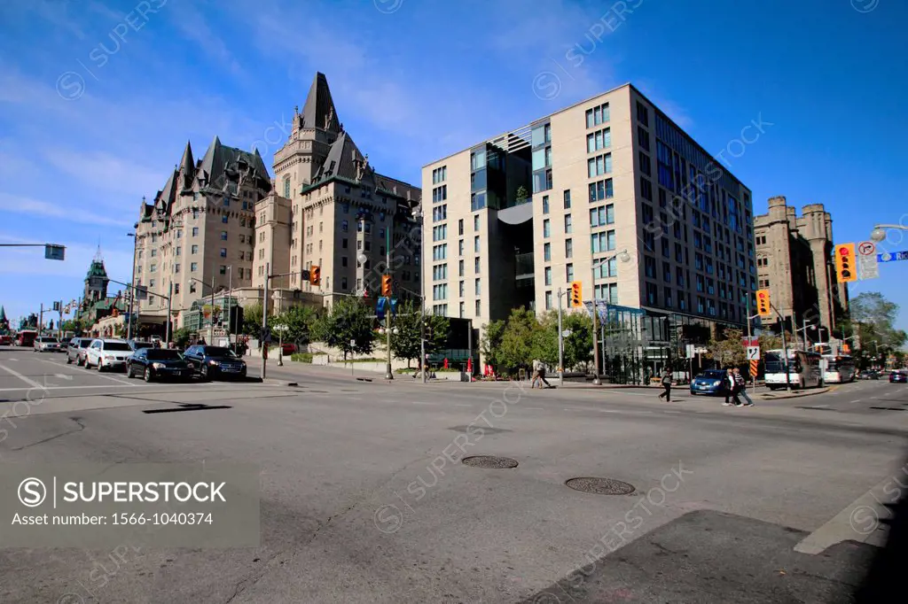 Rideau Street in Ottawa Ontario Canada showing the Fairmont Chateau Laurier Hotel and parliament building and office building