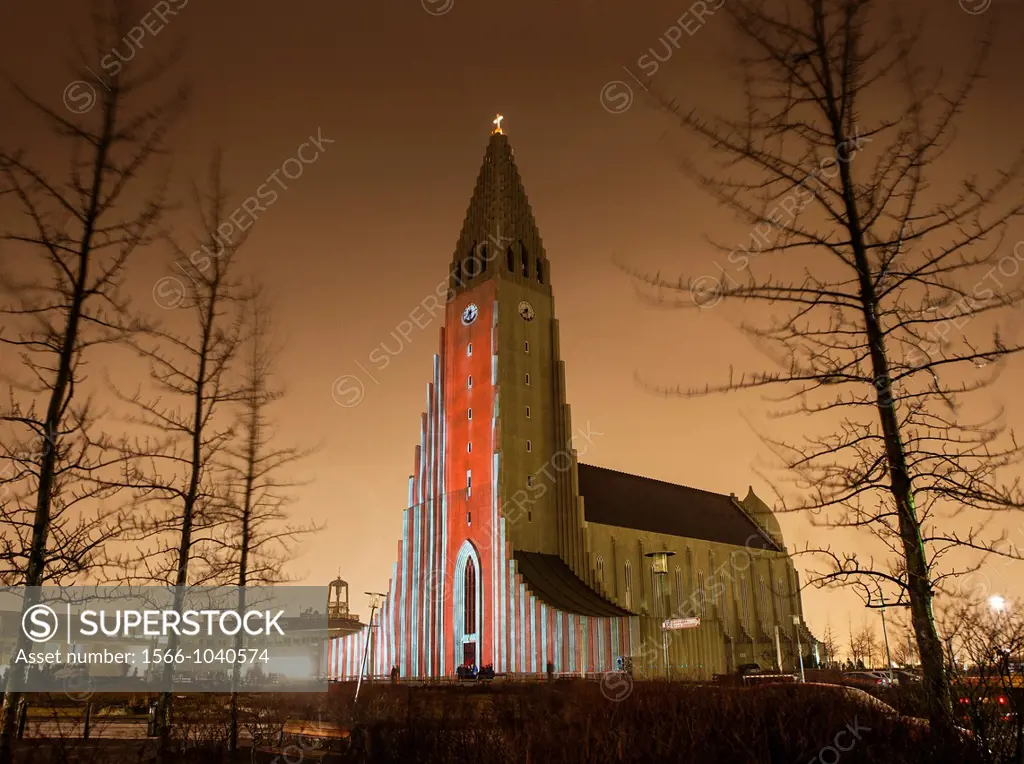 Laser light show on Hallgrimskirkja Church, Reykjavik, Iceland  Annual winter lights festival in Reykjavik