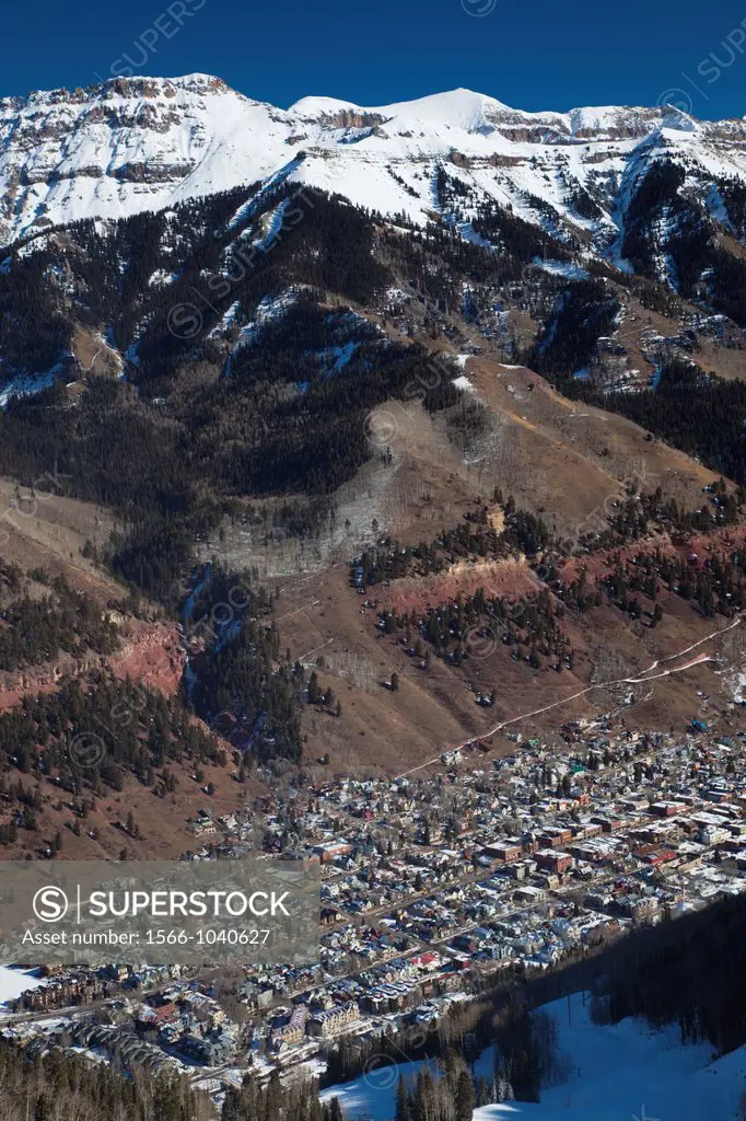 USA, Colorado, Telluride, elevated town view from Mountain Village Ski Area, morning