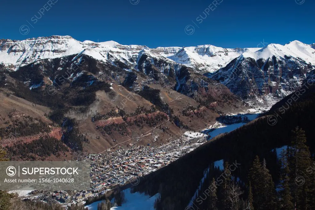 USA, Colorado, Telluride, elevated town view from Mountain Village Ski Area, morning