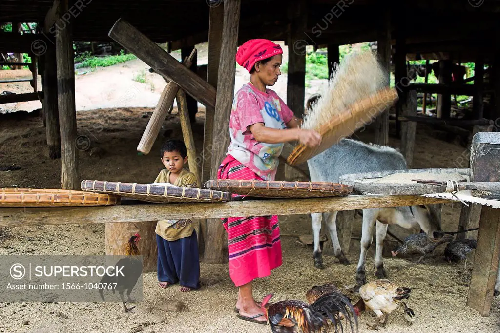 Woman and son with housework  Karen ethnic group people  Baan Mae Jork village  Chiang Mai province  Thailand