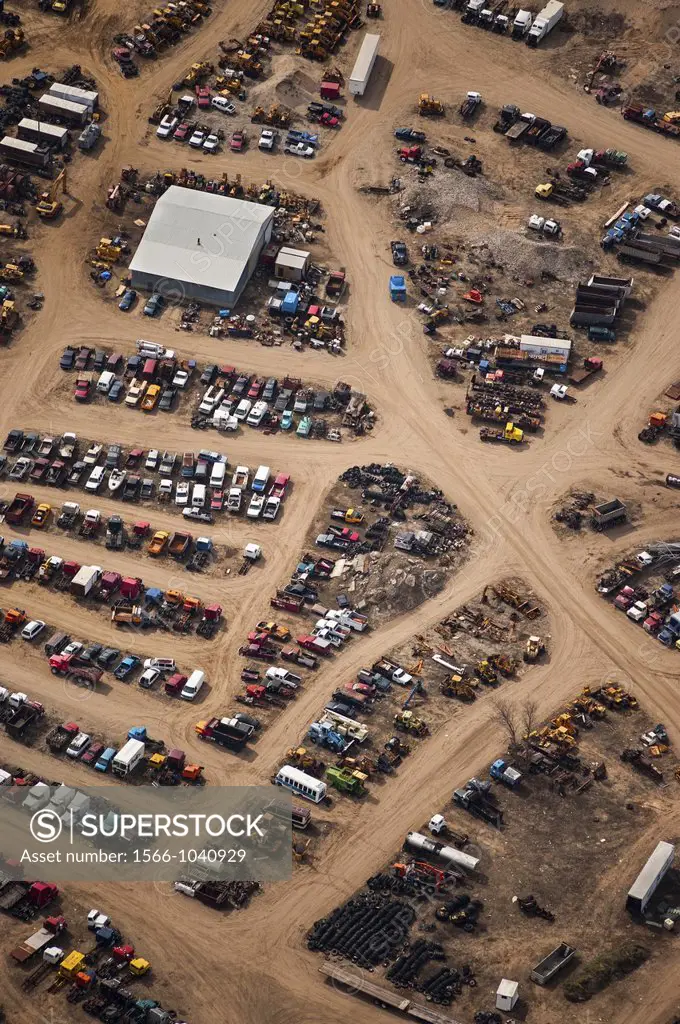 Aerial view of junk yard, Lake county, Michigan, USA