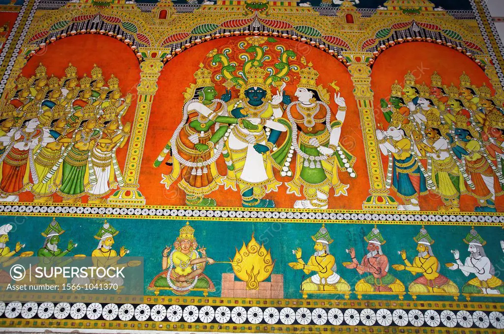 Sri Meenakshi temple,Murals vegetable and herbal dyes of Thiruvilayadal Puranam Lord Shivas Game, the collection of 64 stories, composed by Paranjyoti...