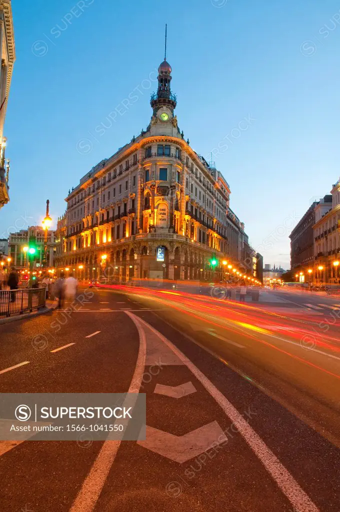 Sevilla street, night view  Madrid, Spain
