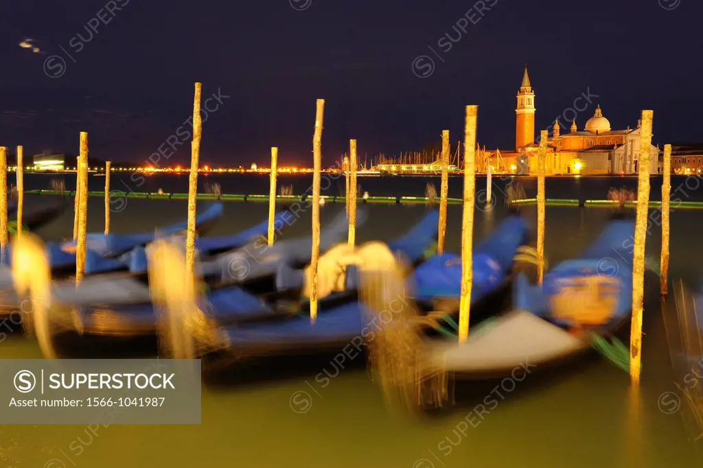Gondolas and Grand Canal at Night, Venice, Veneto, Italy, Europe