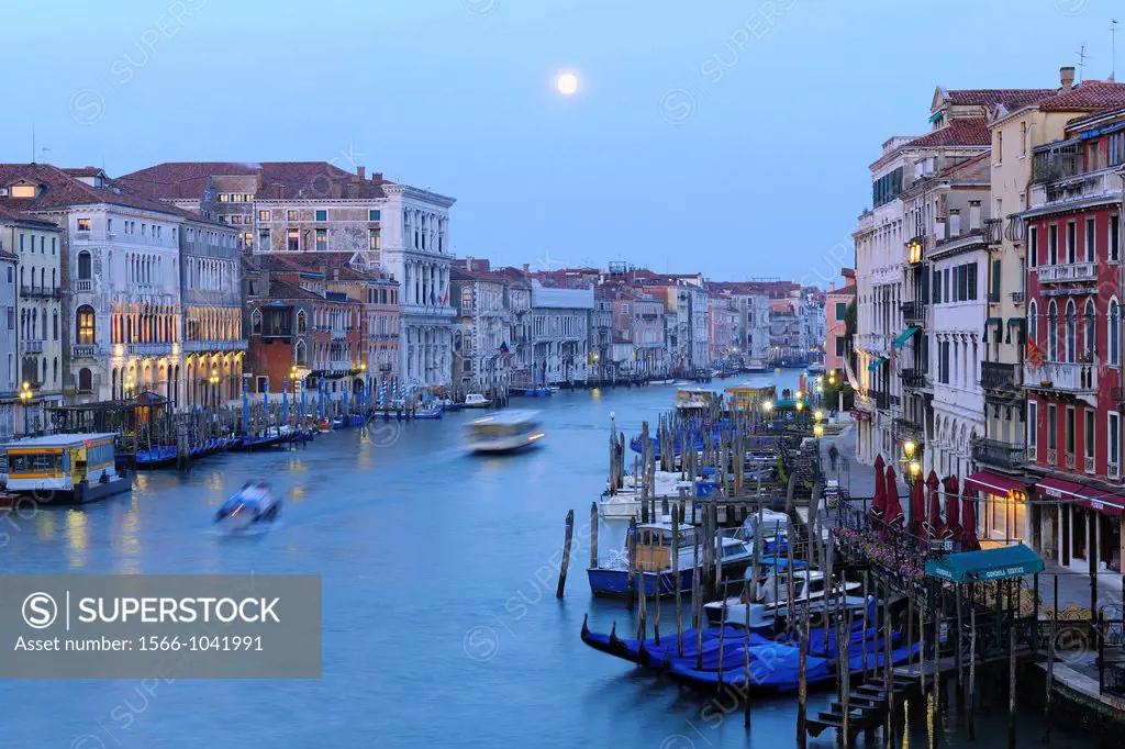 View from Rialto Bridge on the Grand Canal at Morning with Moon, Venice, Veneto, Italy, Europe