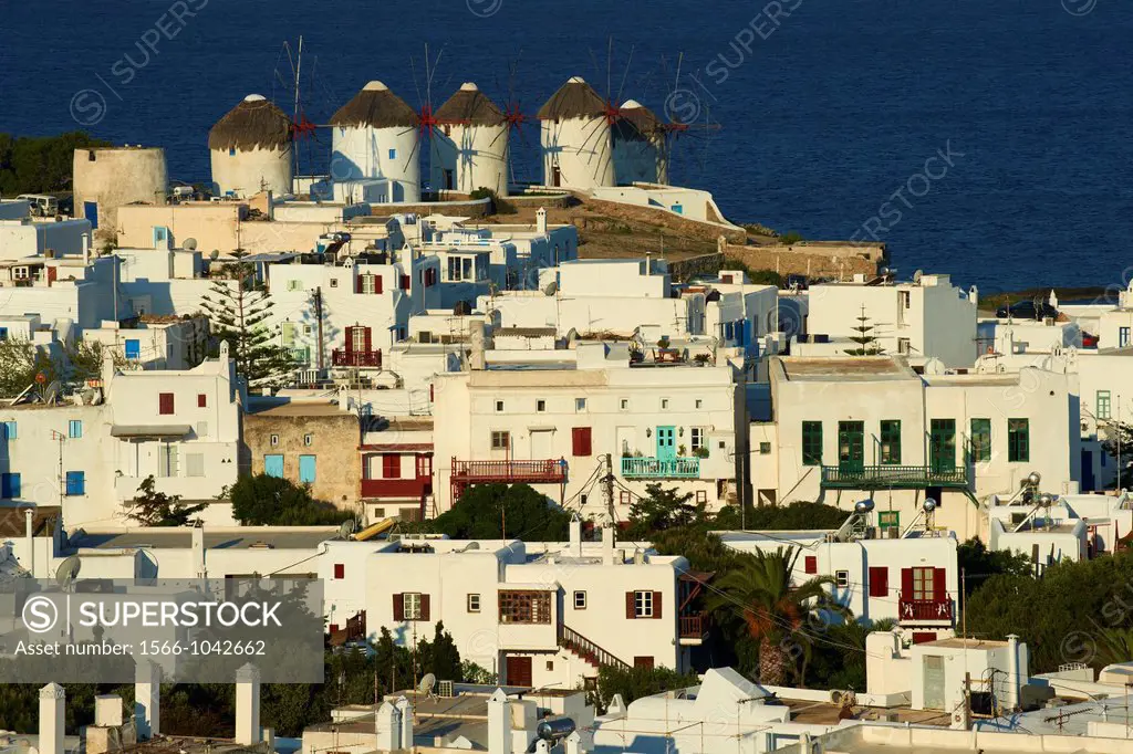 Greece, Cyclades, Mykonos island, Chora, Mykonos town, windmills Kato Mili