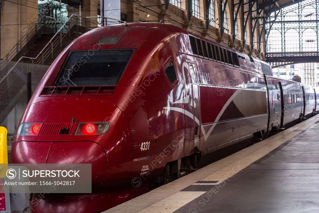 Paris, France, TGV High Speed Train, Thales, Service to Brussels and Amsterdam, on Quay in Train Station, Gare de Nord,