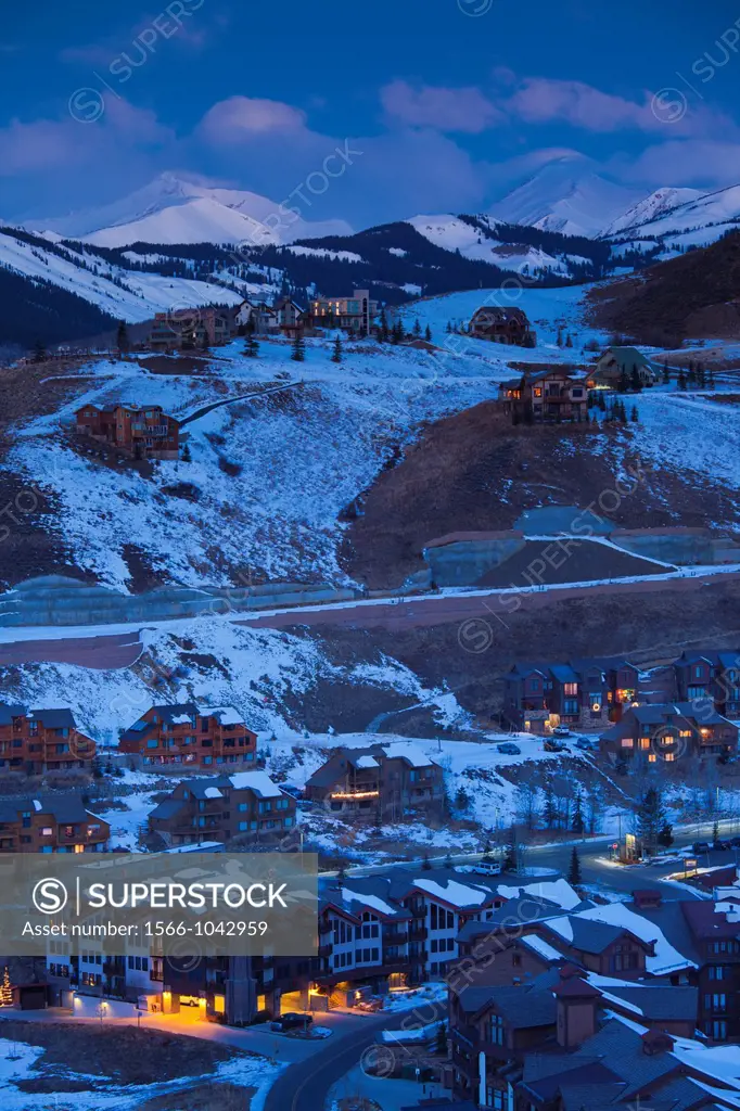 USA, Colorado, Crested Butte, Mount Crested Butte Ski Village, elevated view, dawn