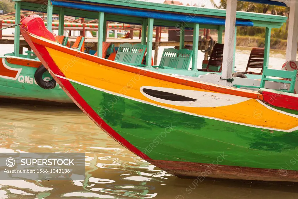 Colourful boat moored on Thu Bon River, Hoi An, Quang Nam province, Vietnam