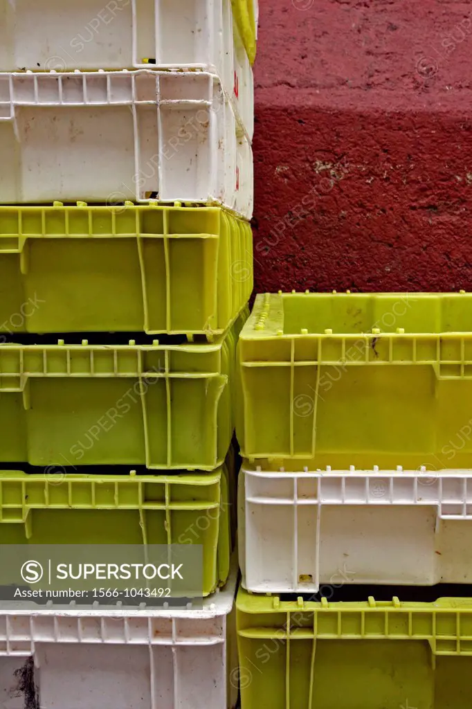 empty boxes stacked, market Horta, Barcelona, Catalonia, Spain