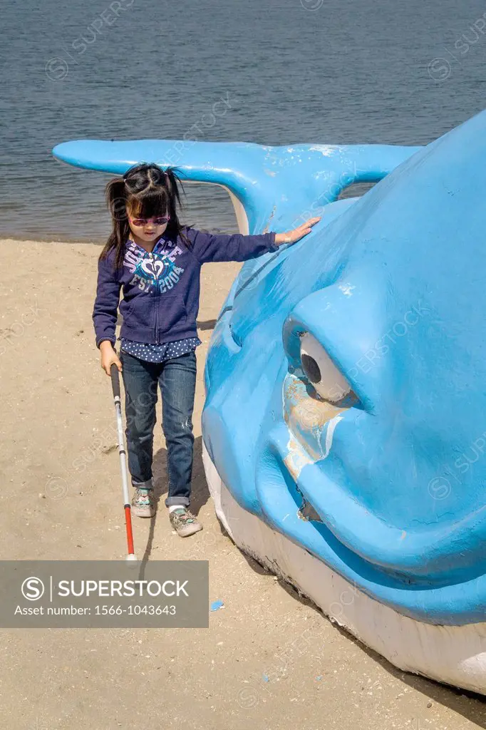 A blind Asian-American girl feels the outline of a waterside model whale while guiding herself with a white cane at an Easter picnic given by the Blin...