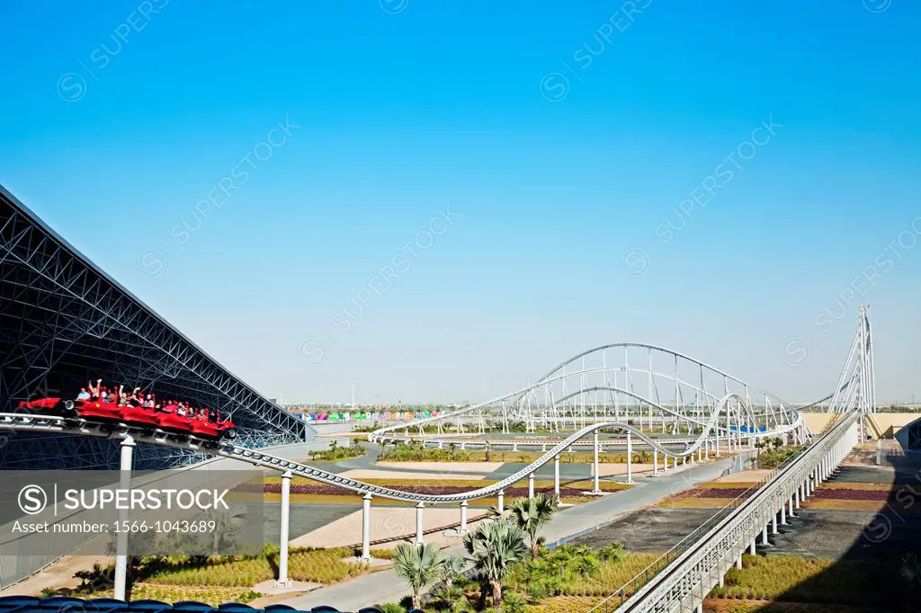 Visitors riding world´s fastest roller coaster, Formula Rossa, at Ferrari World , Abu Dhabi, United Arab Emirates, Middle East.